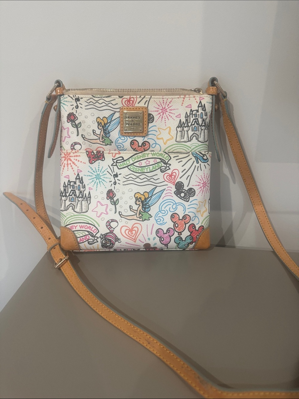 Dooney & Bourke White Disney Sketch Crossbody with Tan Strap